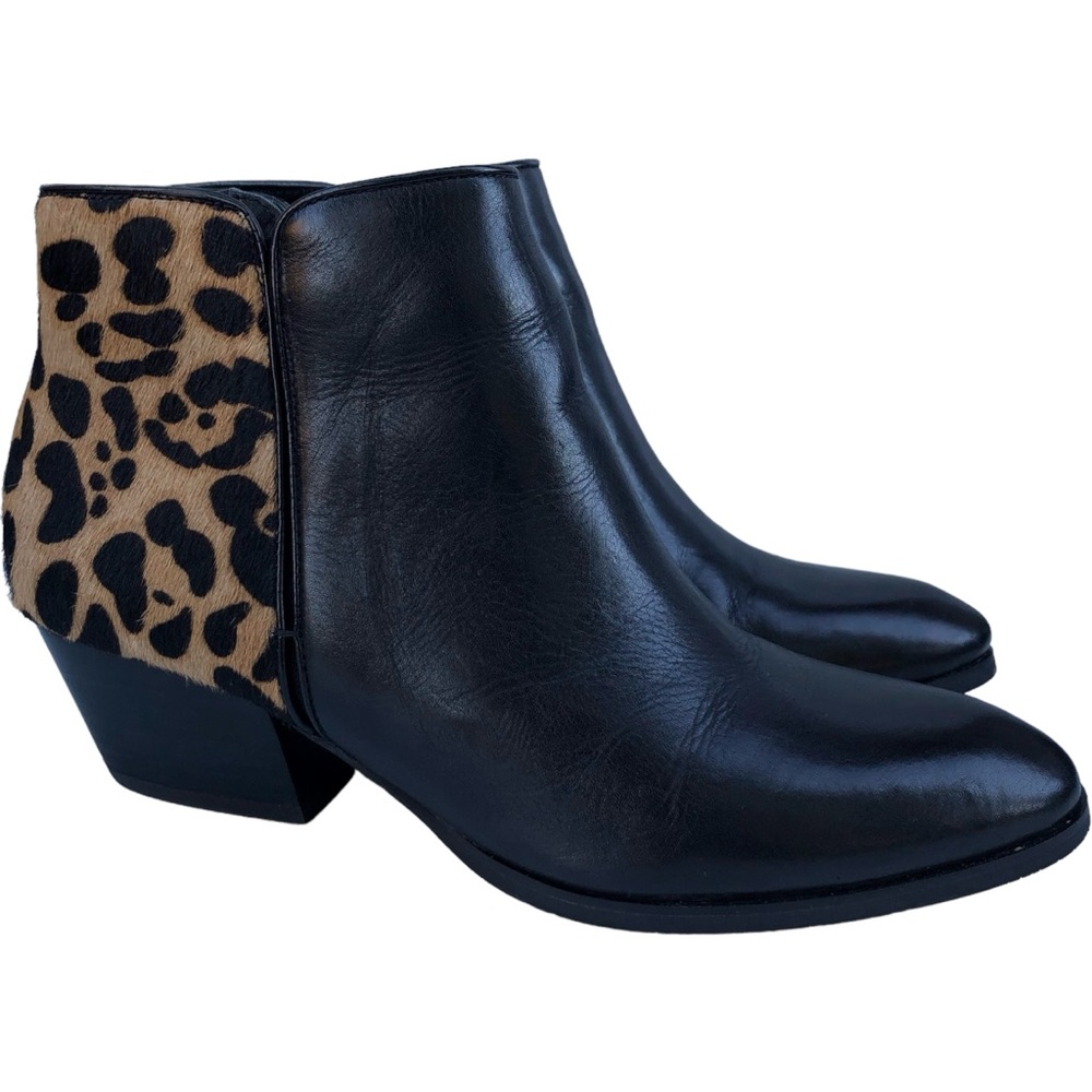 Franco Sarto Leather Ankle Booties Black Leopard Print Calf Hair Quasar 6 Womens